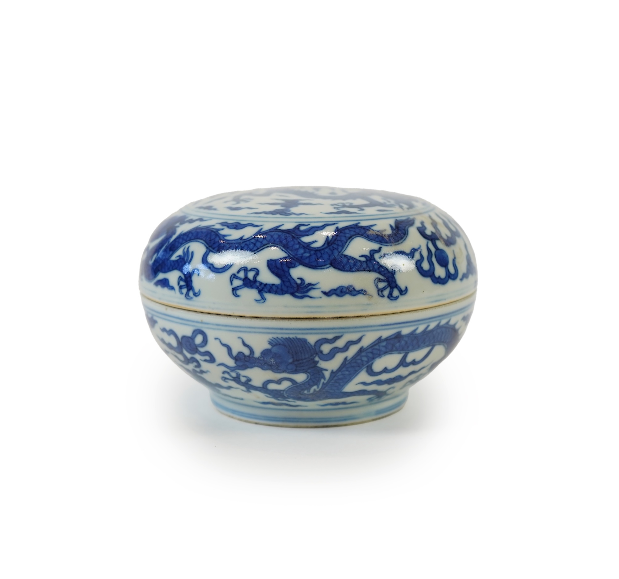 A Chinese blue and white ‘dragon’ box and cover, Jiajing six character mark, 19th century
